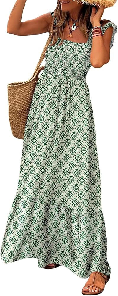 LOLONG Maxi Dress for Women Summer Boho Spaghetti Strap Square Neck Ruffle Beach Sun Dress | Amazon (US)