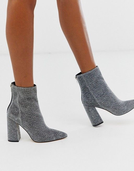 London Rebel pointed block heeled boot in silver | ASOS US