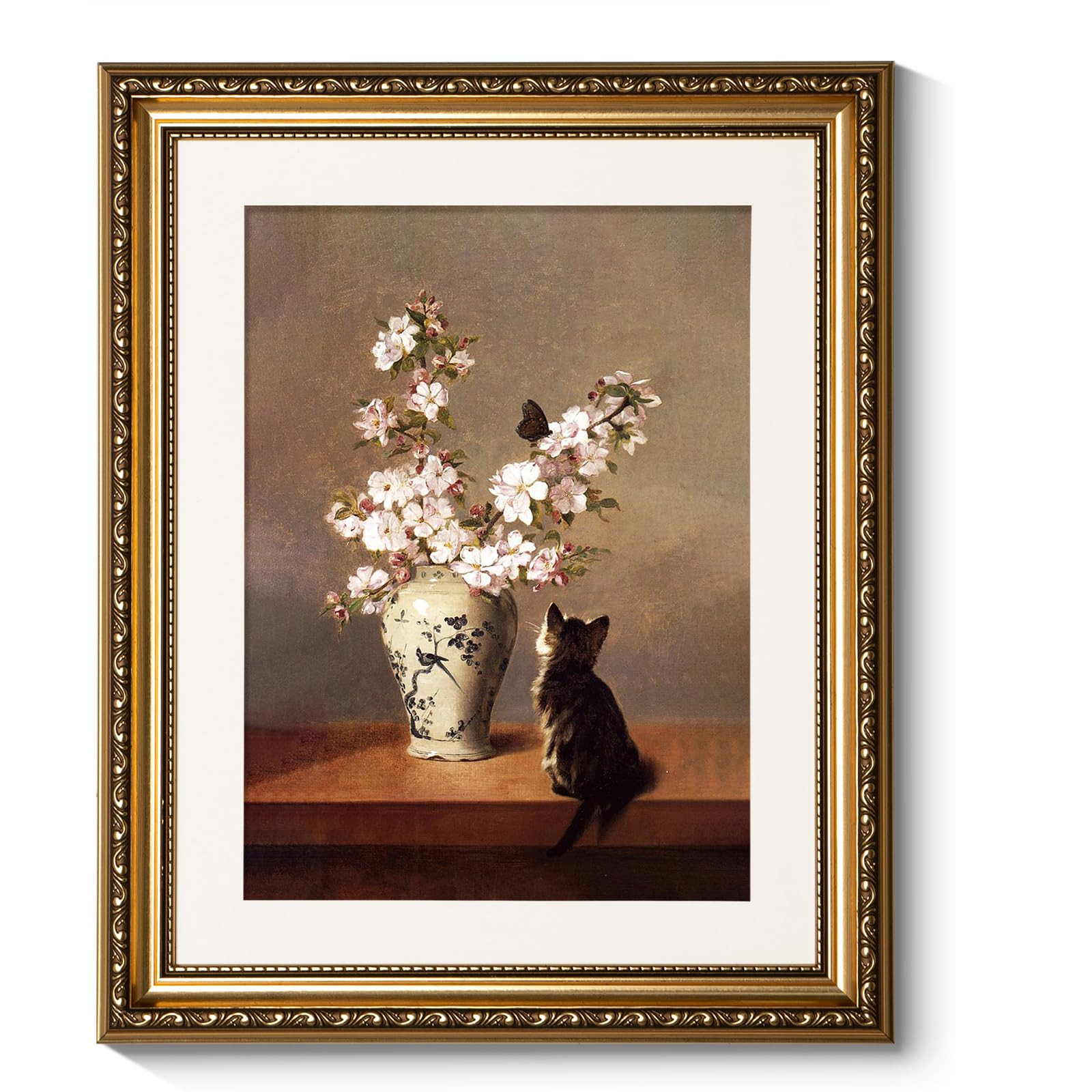 ARPEOTCY Gold Framed Canvas Wall Art, Cat and Cherry Blossom Still Life Art Prints, Vintage Class... | Amazon (US)