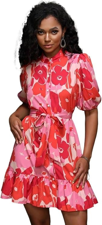 Women's Floral Print Puff Sleeve Ruffle Hem Belted Shirt Short Dress High Waist Boho Dresses | Amazon (US)