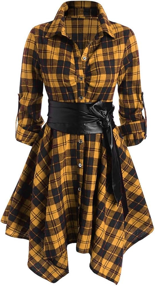 Women Plaid Shirt Dress Button Down Flannel Dress Long Sleeve Tunic Dress with PU Belt A Line Hig... | Amazon (US)