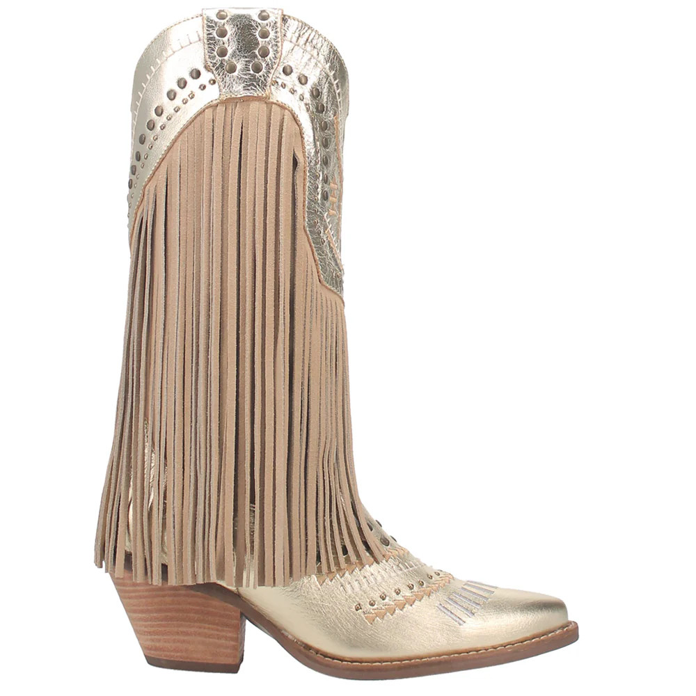 Shop Gold Womens Dingo Gypsy Studded Fringe Metallic Snip Toe Cowboy Boots | Shoebacca