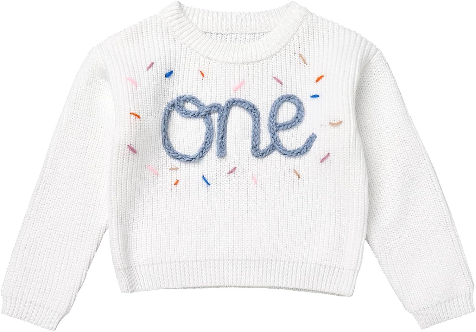 ODASDO Baby Girls Boys First Birthday Outfit One Embroidery Sweater Knitted Pullover Sweatshirt K... | Amazon (US)