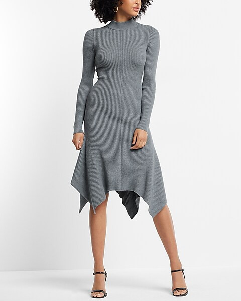 Mock Neck Ribbed Asymmetrical Hem Sweater Midi Dress | Express