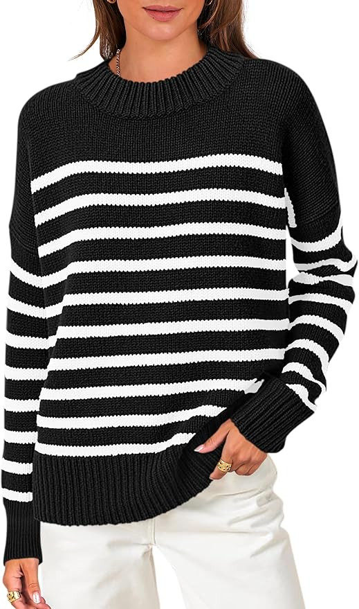 ANRABESS Women Fall Fashion Sweaters Striped Long Sleeve Crewneck Loose Fit Cozy Knit Trendy Pull... | Amazon (US)