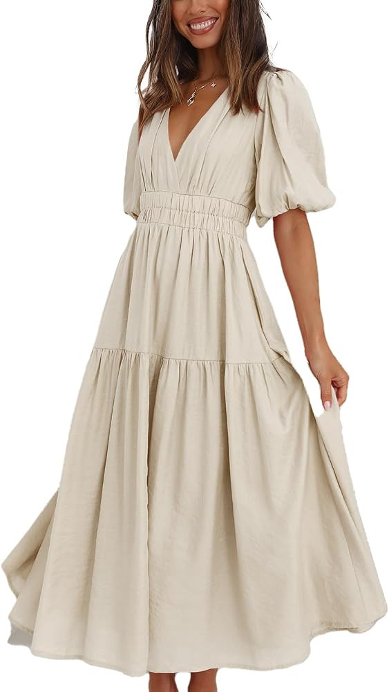 Womens Deep V Neck Puff Short Sleeve Tired Maxi Dress Boho Long Flowy Summer Dresses | Amazon (US)