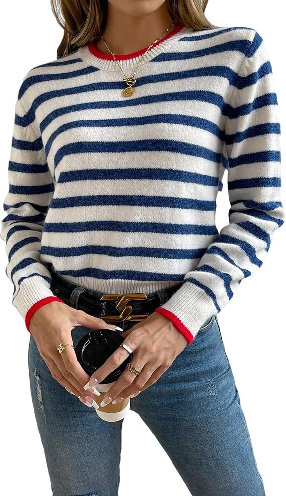 Floerns Women's Striped Print Long Sleeve Contrast Trim Casual Sweater Top | Amazon (US)