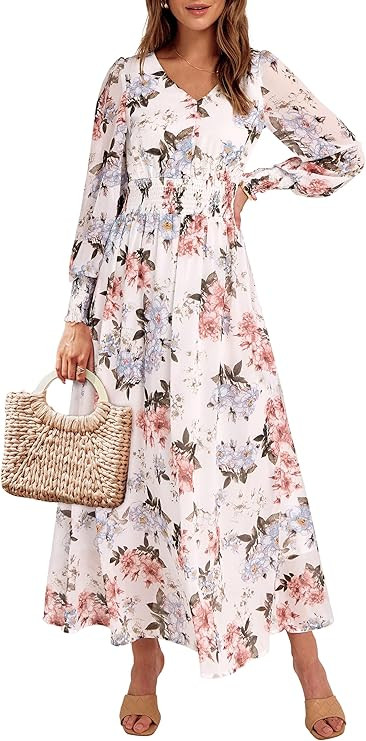 ANRABESS Women's Long Sleeve Floral Maxi Dress Casual V Neck Chiffon Boho Flowy Beach Fall Weddin... | Amazon (US)