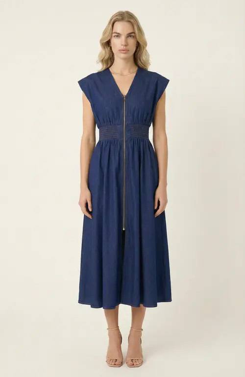 Modenaire Zip Front Midi Dress with Cap Sleeves and Smocked Waist in Denim at Nordstrom, Size Small | Nordstrom