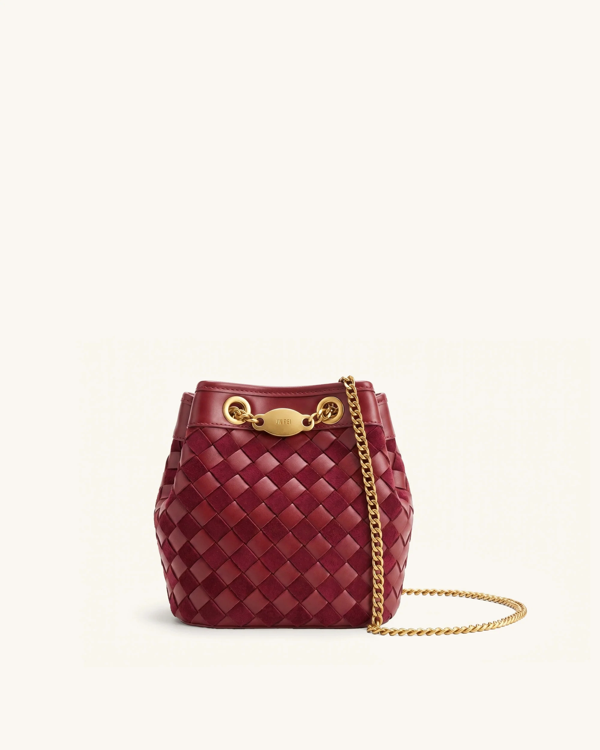 Yara Faux Suede Hand-Woven Bucket Bag - Dark Red | JW PEI US