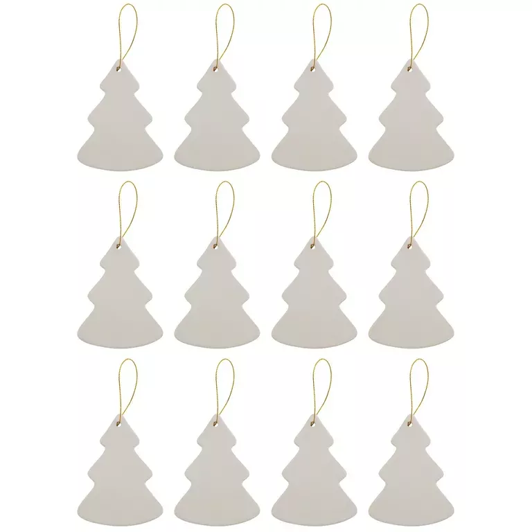 Creative Hobbies Ready to Paint DIY Ceramic Bisque Tree Shape Ornaments with Hanger for Christmas Tree and Holiday Decoration | 12 Pack