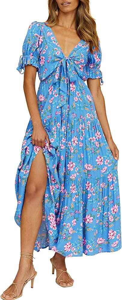 BTFBM Women 2023 Summer Boho Dress Knot Front Deep V Neck Short Sleeve Floral Tiered Casual Party... | Amazon (US)