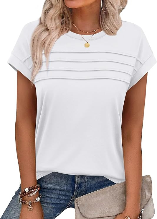 WEESO Womens Summer Tops Trendy 2026 Cap Sleeve T Shirts Crew Neck Pleated Front Beach Vacation C... | Amazon (US)
