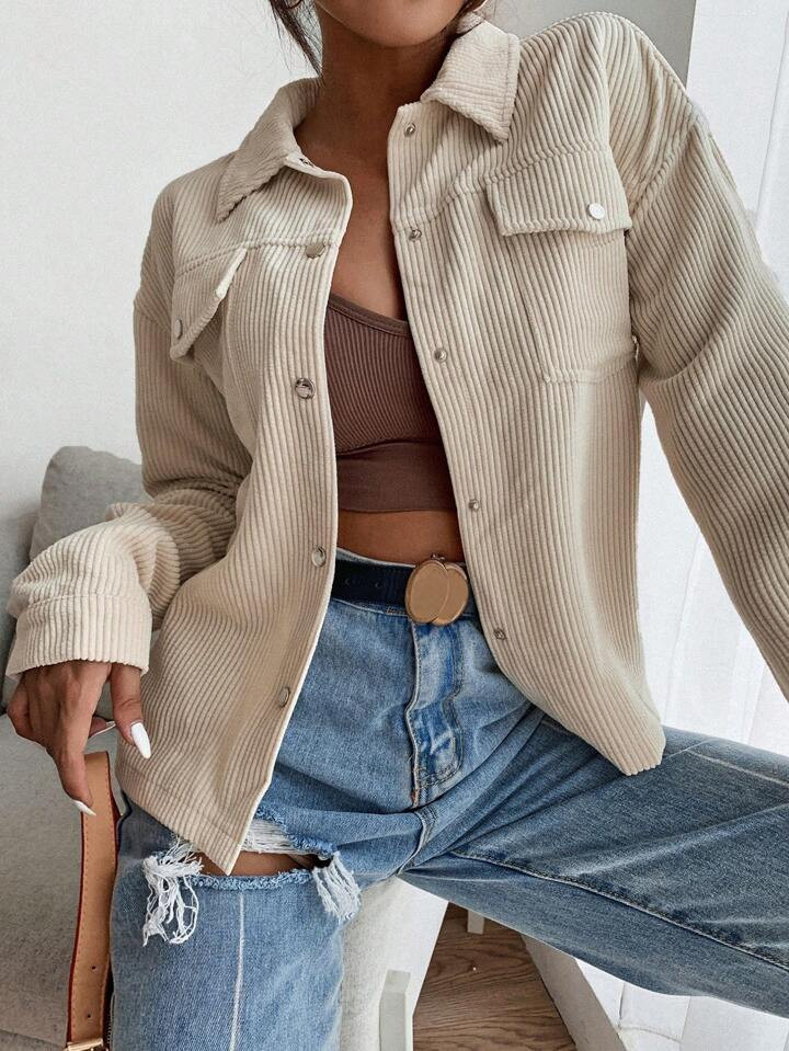 SHEIN EZwear Flap Pocket Button Front Corduroy Jacket | SHEIN