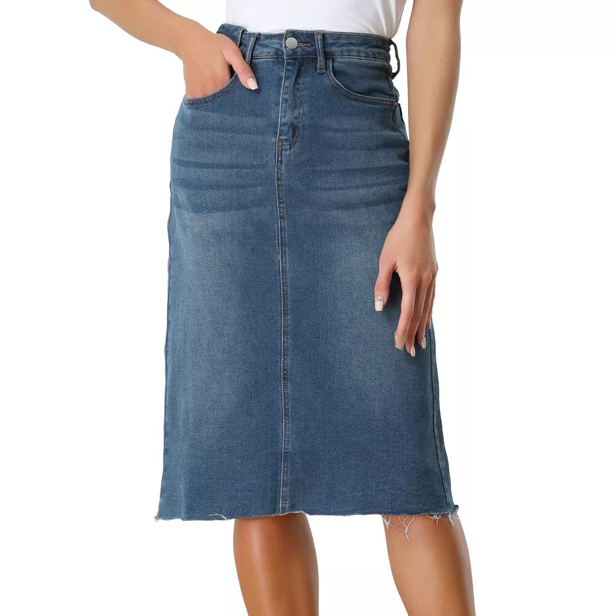 Women's High Waist Solid Jean Skirt Back Vent Midi Length Denim Skirts | Kohl's