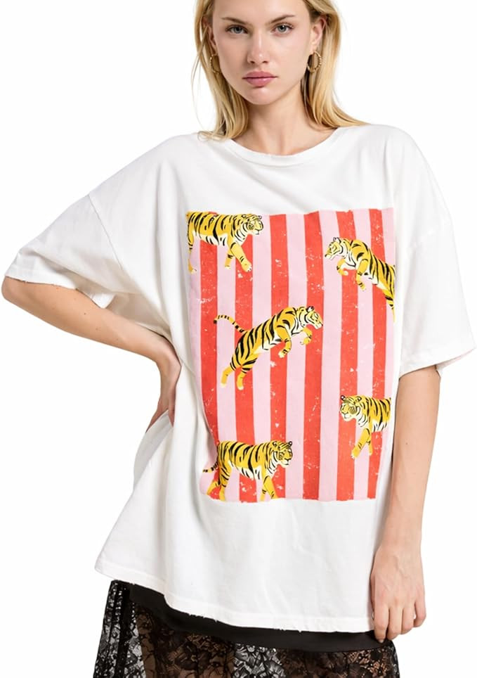Vintage Tiger Graphic Tee – Oversized Cute Streetwear Top for Women K3145-9528 (US, Alpha, Smal... | Amazon (US)