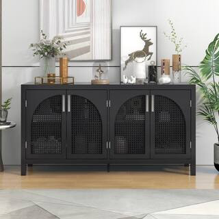 Harper & Bright Designs Black Wood 58.1 in. Sideboard with Adjustable Shelves and Hollow-out Ratt... | The Home Depot