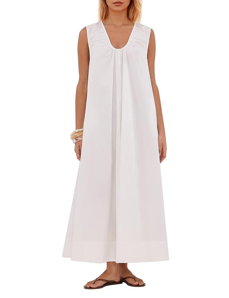 MISSACTIVER Women's Sleeveless Maxi Dress Scoop Neck Ruched Long Dress with Side Pockets Wide Sho... | Amazon (US)