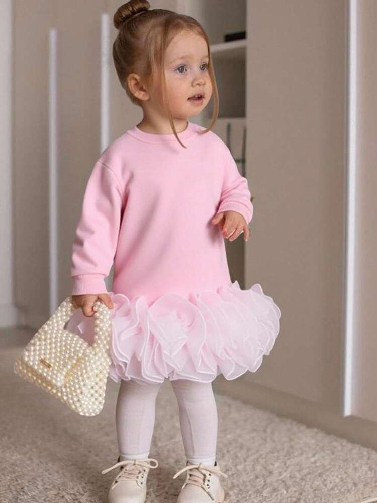 Babygirl Cute Casual Knit Patchwork Organza Long Sleeve Dress Fall Winter | SHEIN