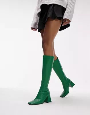 Topshop Henry premium leather under the knee boot in green | ASOS (Global)