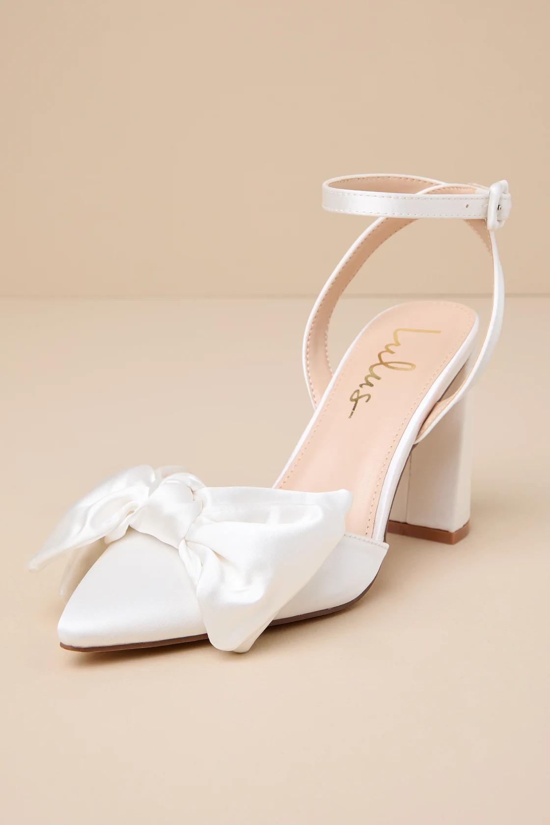 Suttonn Ivory Satin Bow Ankle Strap Pointed-Toe Pumps | Lulus