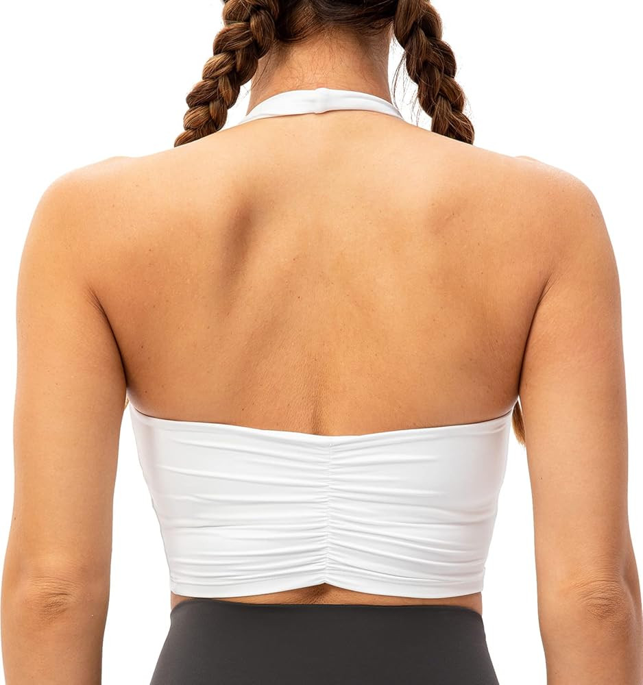Lavento Women's Halter Sports Bra Pleated Longline Padded Yoga Crop Bras Top | Amazon (US)
