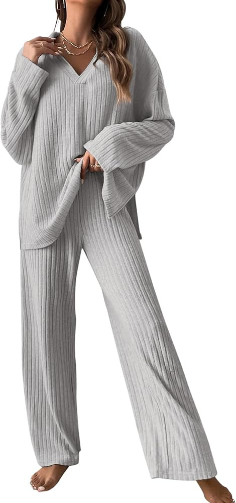 Women's Pajama Set V Neck Long Sleeve Sleepwear and Long Pants 2 piece Loungewear Solid Pjs | Amazon (US)