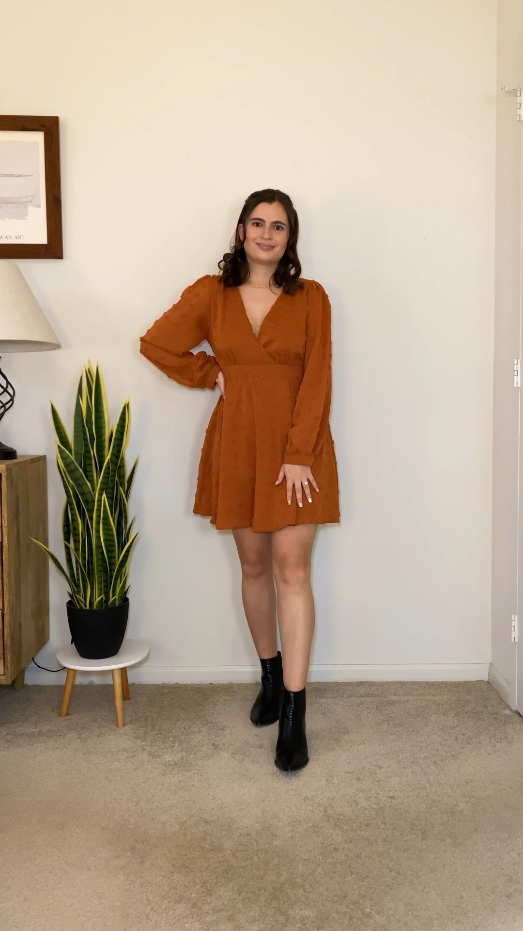 Loving this orange mini dress for the holidays! I paired it with a pair of mock croc black boots and pearly accessories. Thanksgiving outfit idea 

#LTKSeasonal #LTKHoliday #LTKVideo