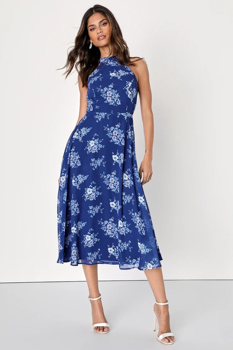 Serene Garden Blue Floral Print Mock Neck Tie-Back Midi Dress | Lulus (US)