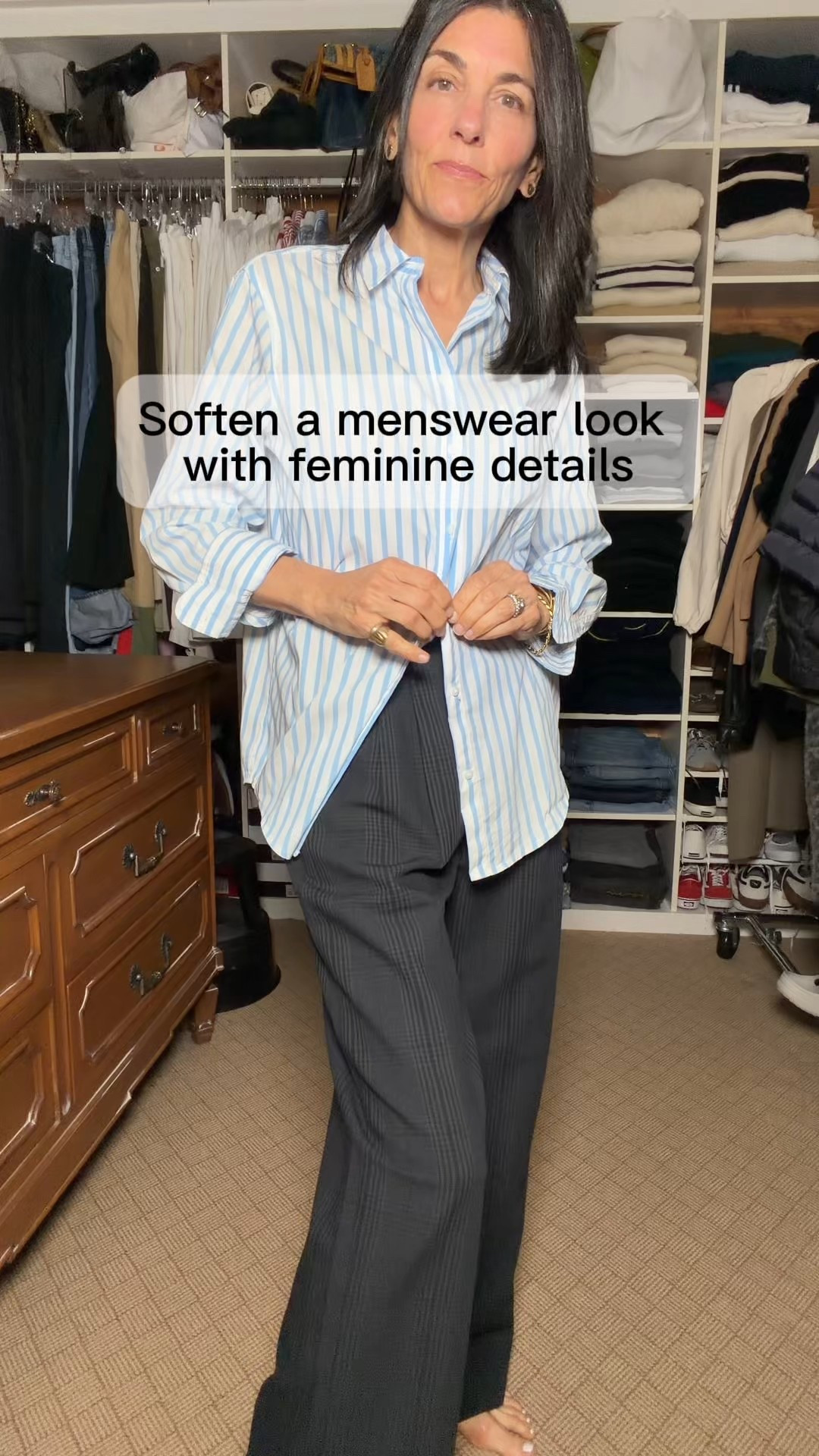 Soften a menswear outfit with feminine details 