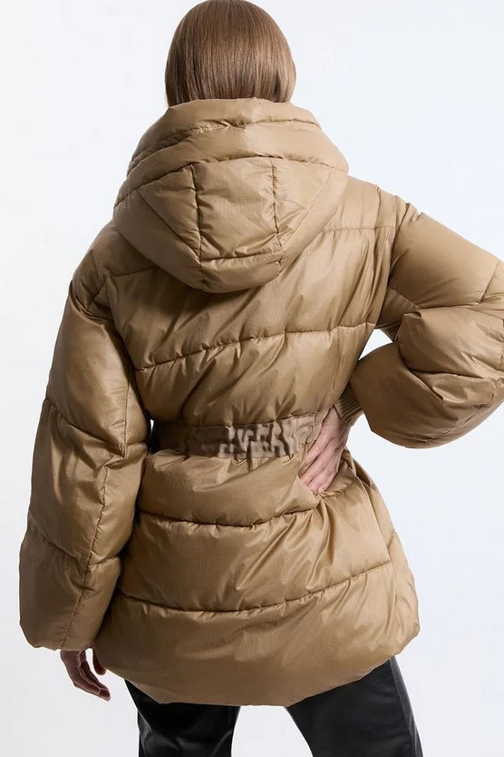 Quilted Drawstring Waist Hooded Rib Cuff Puffer Jacket | Karen Millen | Karen Millen UK + IE + DE + NL