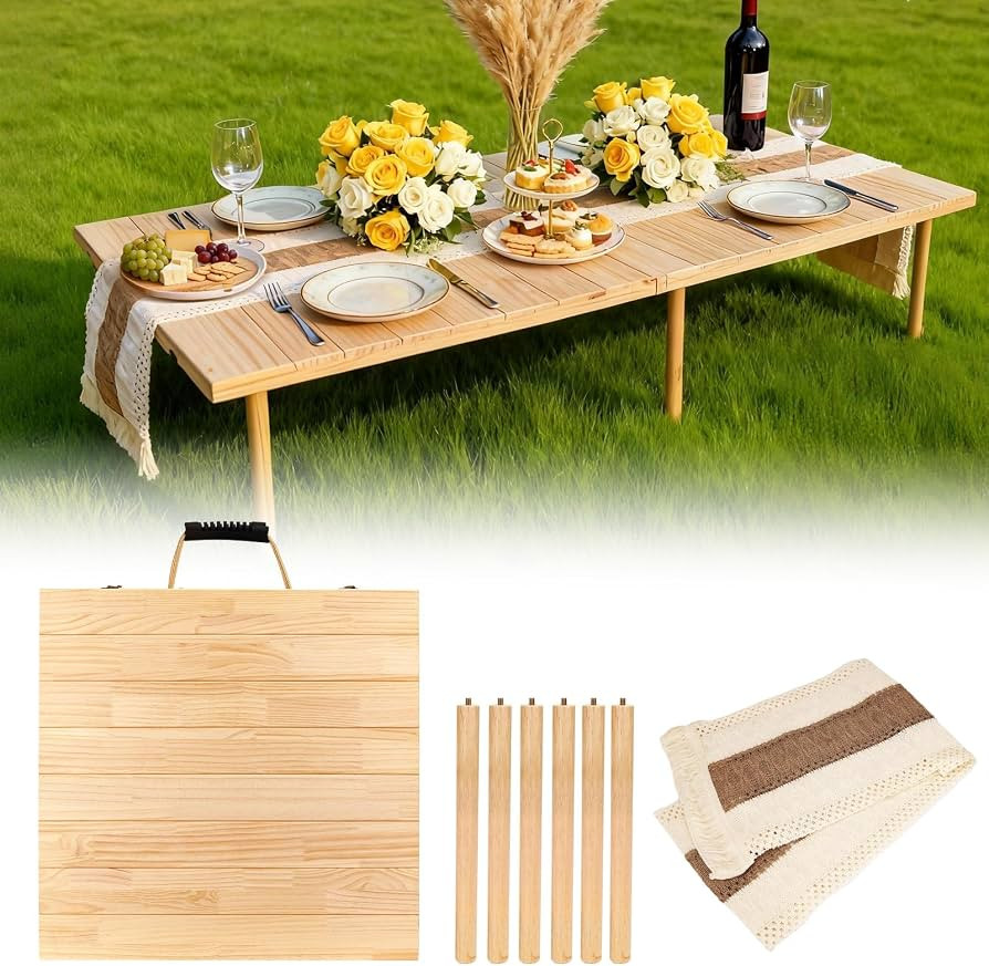 60"x30" Low Folding Picnic Table, Portable Boho Floor Table with Tablecloth, Ideal for Camping, W... | Amazon (US)
