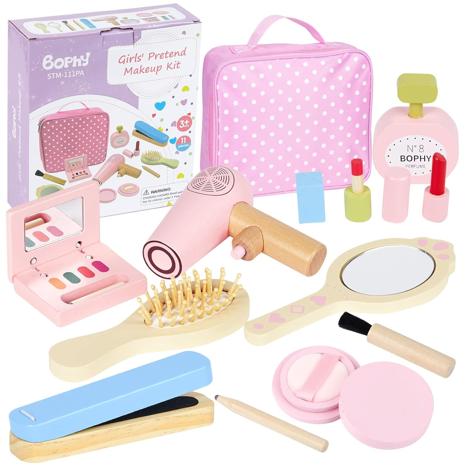 Wooden Makeup Kit Toy, Toddler Pretend Beauty Salon Set, 12PCS Makeup Playset with Hair Dryer, Mi... | Amazon (US)