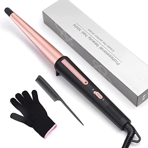Hair Curling Wand, 0.5-1Inch Tapered Curling Iron, Professional Ceramic Hair Curler Wand with Heat-Resistant Glove, Dual Voltage (Pink) | Amazon (US)