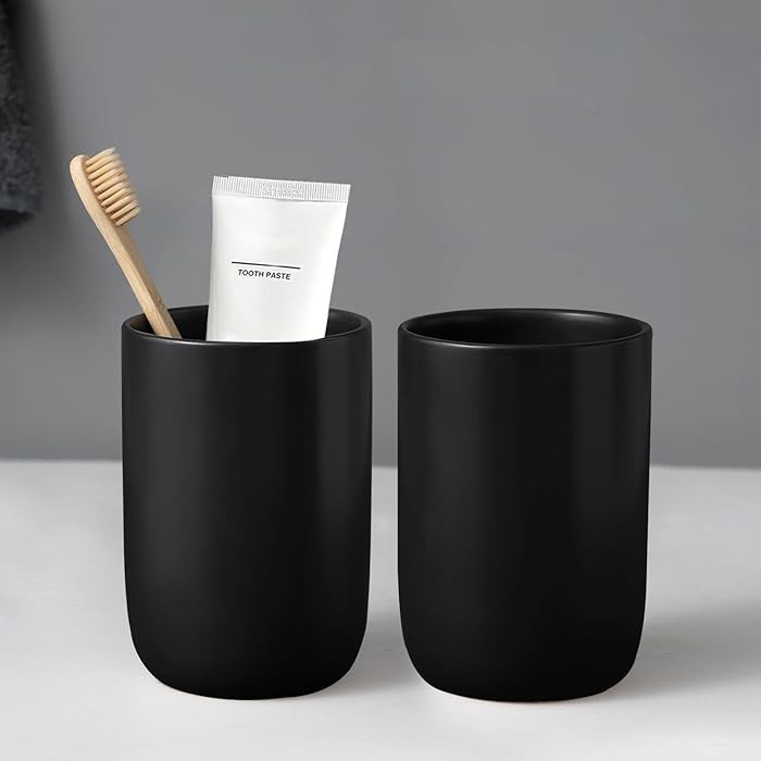 Matte Black Toothbrush Holders for Bathrooms - 2 Cups Ceramic Toothbrush Toothpaste Holders Set, ... | Amazon (US)