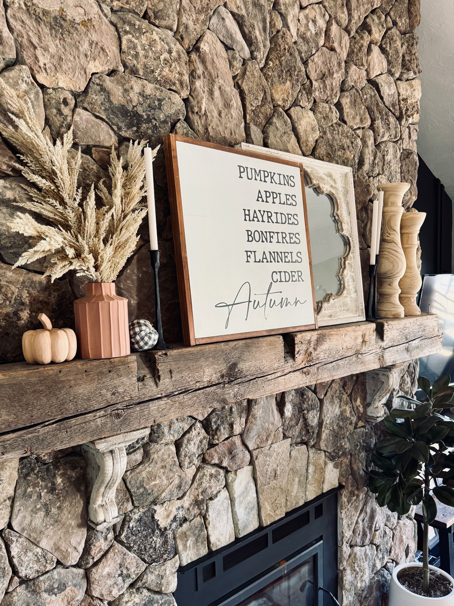 Fireplace mantle fall decor! 
mantle decor, fall decor, pumpkins sign, neutral fall, scalloped mirror

#LTKHome #LTKSeasonal