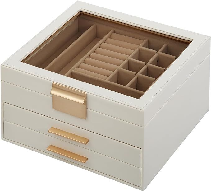 Viomir Jewelry Box with Glass Lid, 3-Layer Jewelry Organizer, 2 Drawers, Large Storage Capacity f... | Amazon (US)