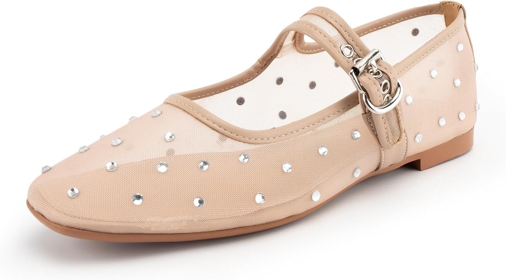 Rhinestone Mesh Mary Jane Flats for Women,Sparkly Crystal Buckle Strap Ballet Flats,Square Toe Sl... | Amazon (US)