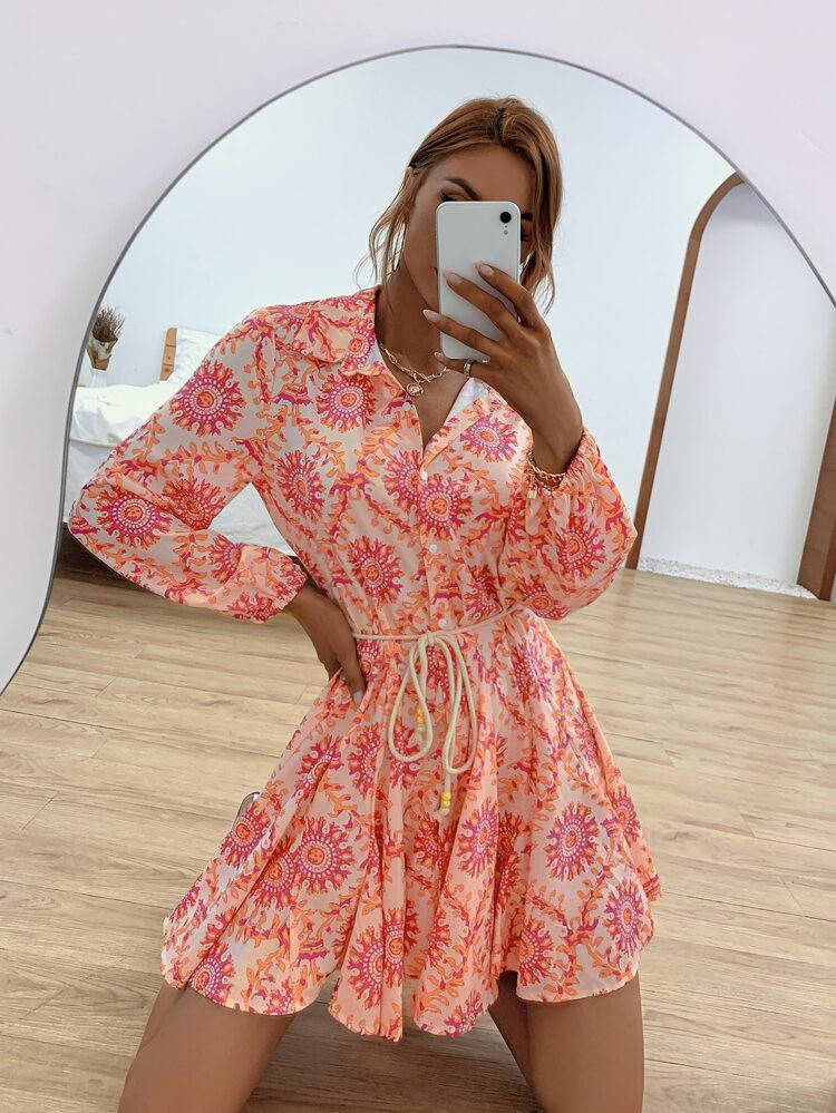 Allover Print Godet Hem Belted Shirt Dress | SHEIN