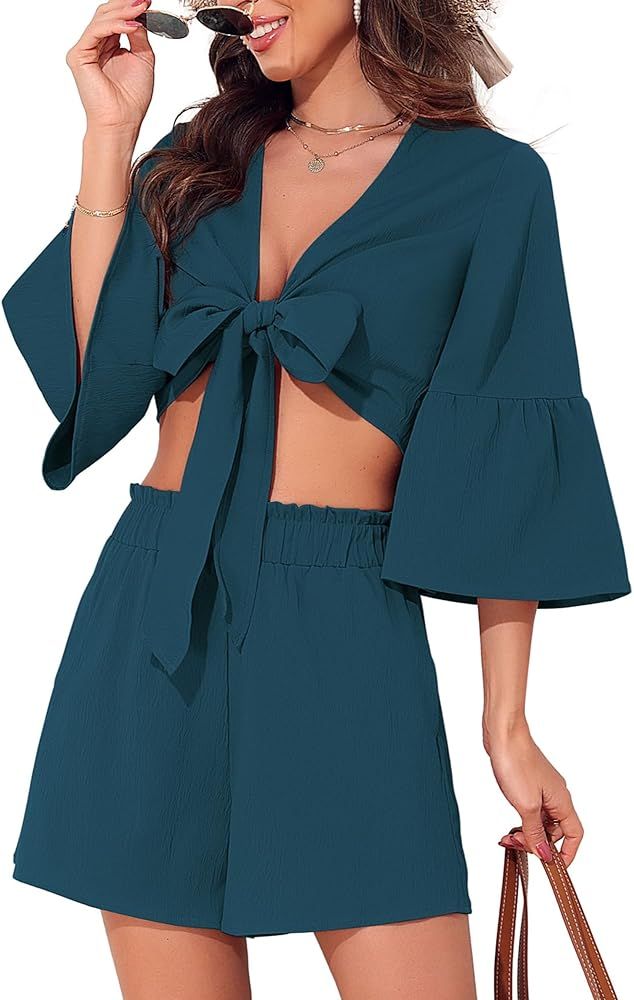 ZAFUL 2 Piece Outfits Rompers for Women Dressy Spring Summer Sets Vacation Tie Knot Front Sexy V ... | Amazon (US)