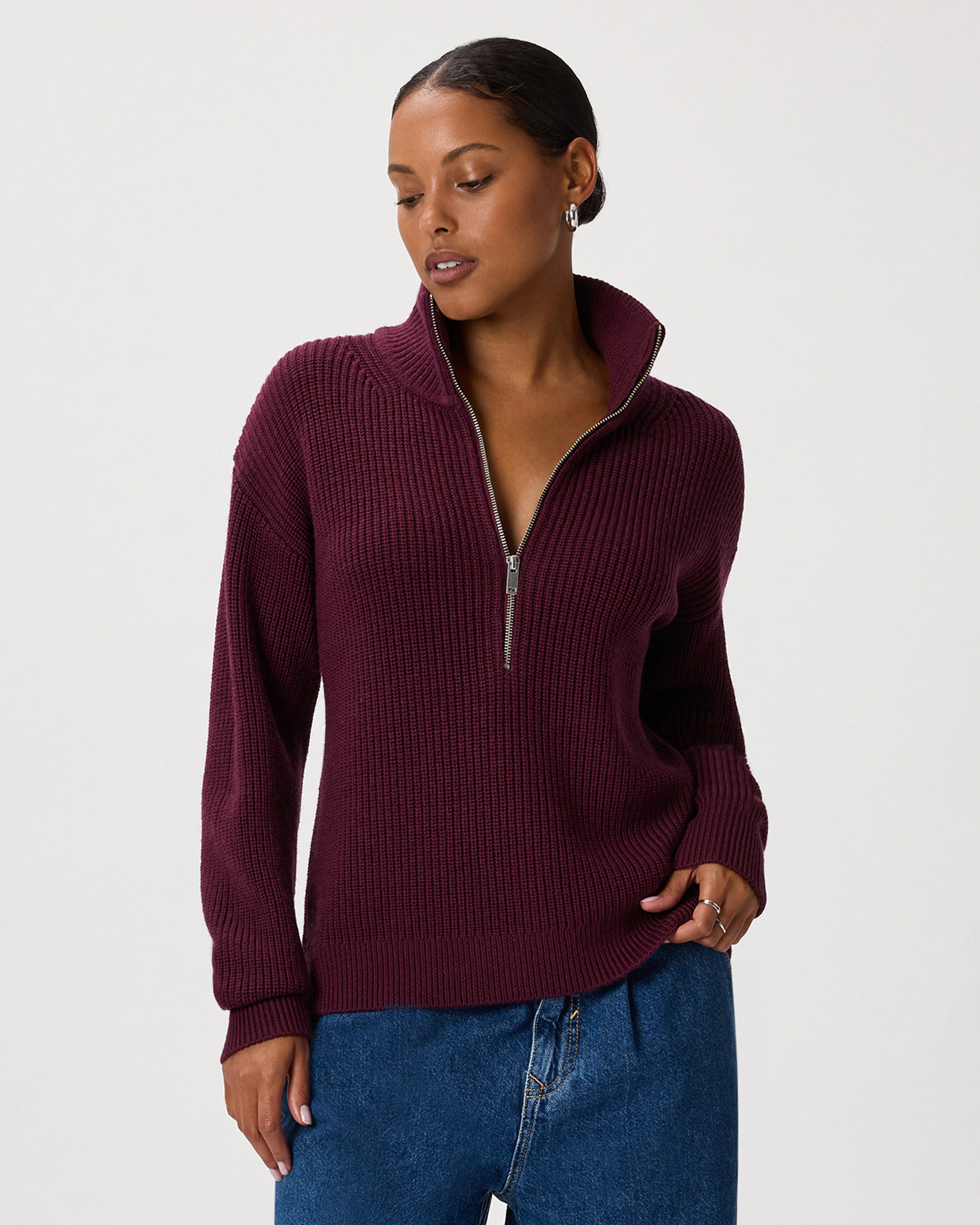 Quince | Women's Australian Merino Wool Half Zip Sweater in Barolo Burgundy, Size XS | Quince