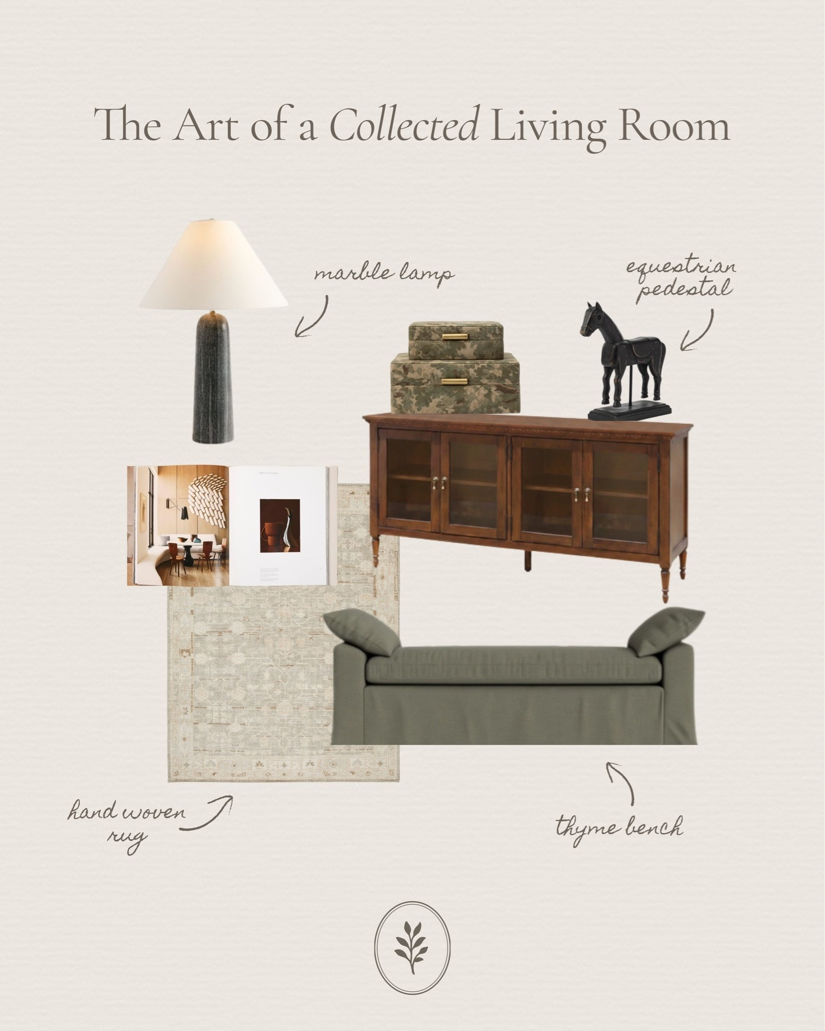 A living room feels more interesting when everything doesn’t look like it arrived at the same time.

A worn-in rug, warm wood cabinet, marble lamp, upholstered bench, and a few sculptural objects bring in different materials, ages, and shapes while still feeling like they belong together.

The kind of mix that gives a room character from the start.

All linked here 🤍 #LTKhome
