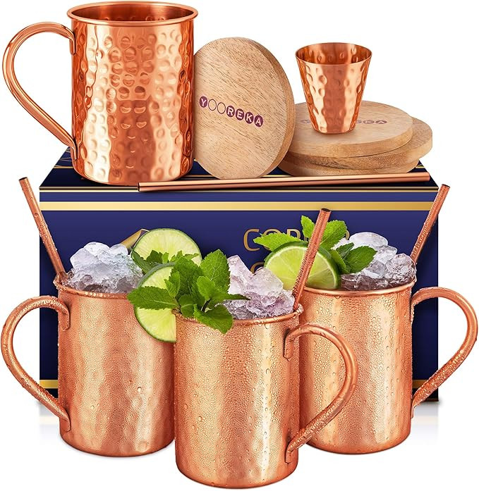 [Gift Set] Moscow Mule Mugs Set Of 4 16 oz. Solid Genuine 100% Pure Copper Cups Cylindrical Shape... | Amazon (US)
