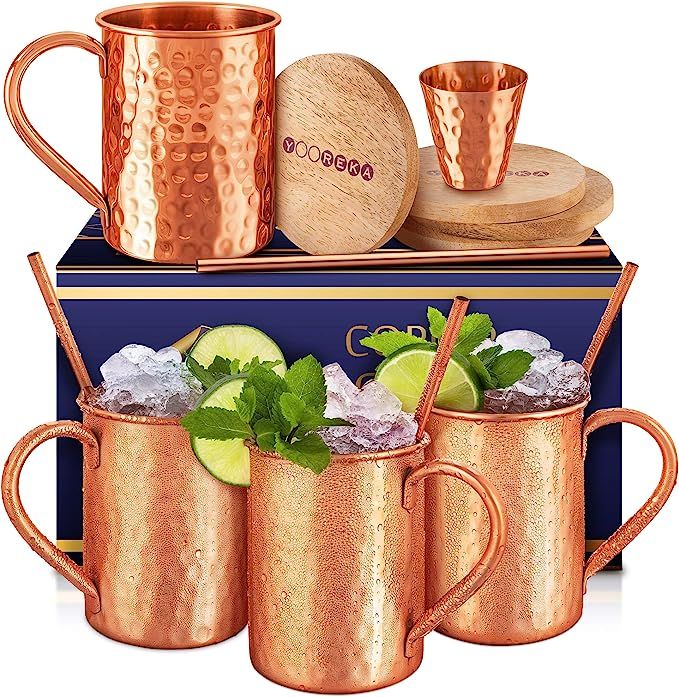 [Gift Set] Moscow Mule Mugs Set Of 4 16 oz. Solid Genuine 100% Pure Copper Cups Cylindrical Shape... | Amazon (US)