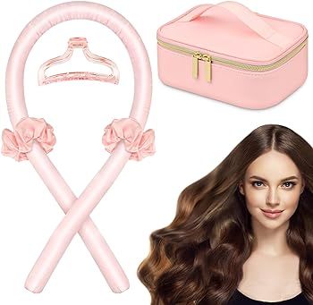 Heatless Hair Curlers with Cosmetic Bag Pink Set: Heatless Curling Rod Headband Hair Rollers for ... | Amazon (US)