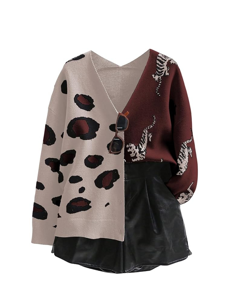 WDIRARA Women's Leopard Tiger Print Cardigan V Neck Long Sleeve Color Block Button Down Sweater O... | Amazon (US)