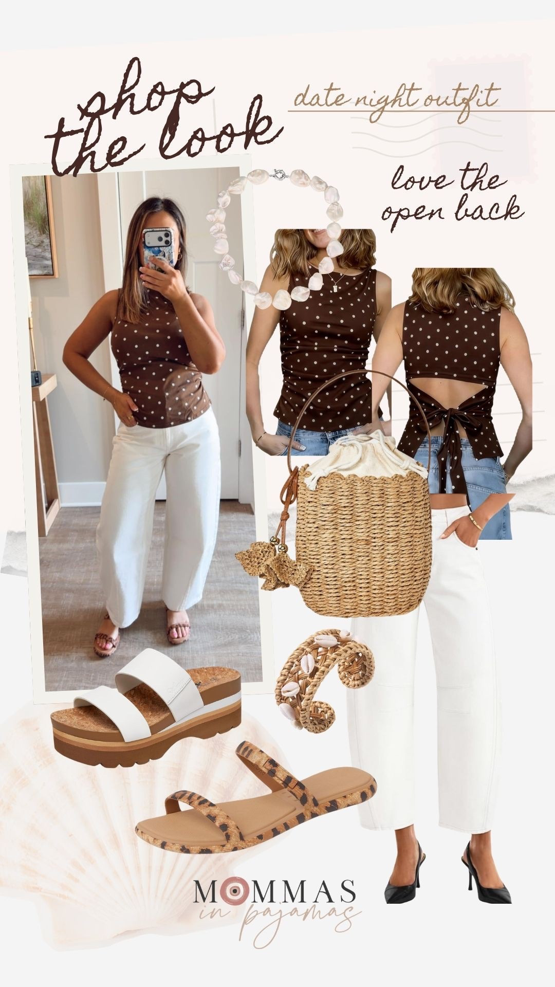 I cannot get over this adorable polka dot top, especially when you see the stunning open back detail. It’s gorgeous work these white pants and spring accessories are adorable. Brown and white is a gorgeous spring and summer color combo. 
Summer date night outfit inspo

#LTKMidsize #LTKPetite #LTKSeasonal