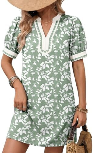 Dokotoo Summer Dresses for Women 2026 Boho Floral Puff Short Sleeve V Neck Trim Casual Mini Dress... | Amazon (US)
