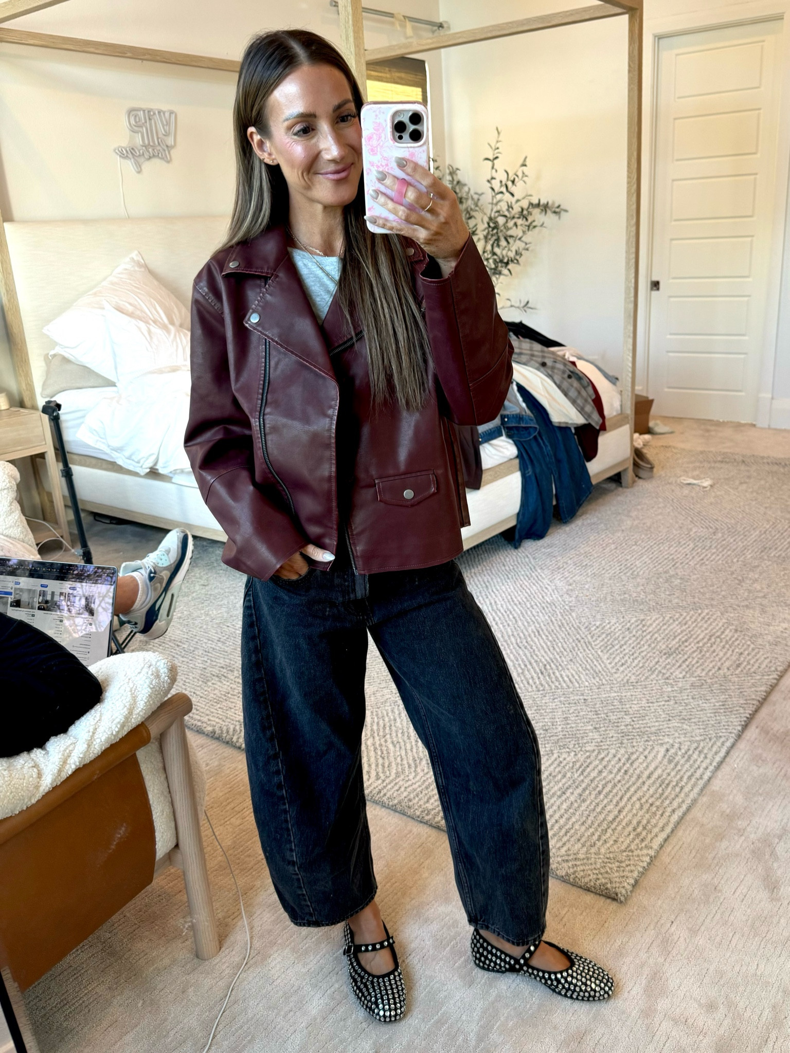 Target maroon leather jacket, target studded, ballet flats, barrel jeans