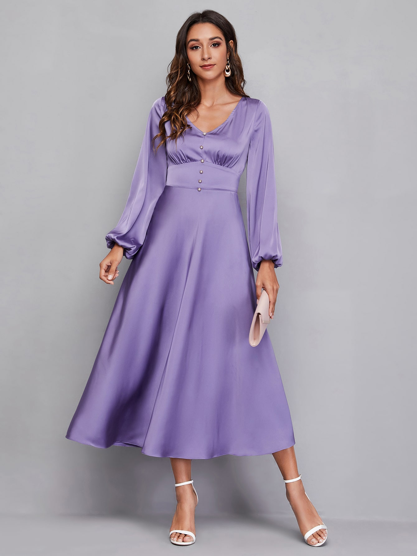 SHEIN Lantern Sleeve Buttoned Front Ruched Bust Dress | SHEIN